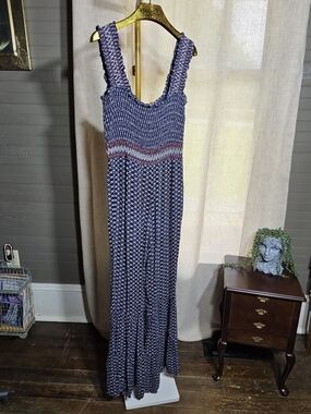 Navy and Pink Smocked Maxi Jumpsuit